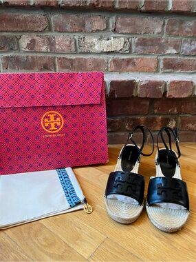 Tory Burch Black Ines Espadrille Wedge Sandals 50MM